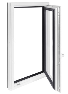 Serramento in legno laccato bianco interno e alluminio antracite esterno.